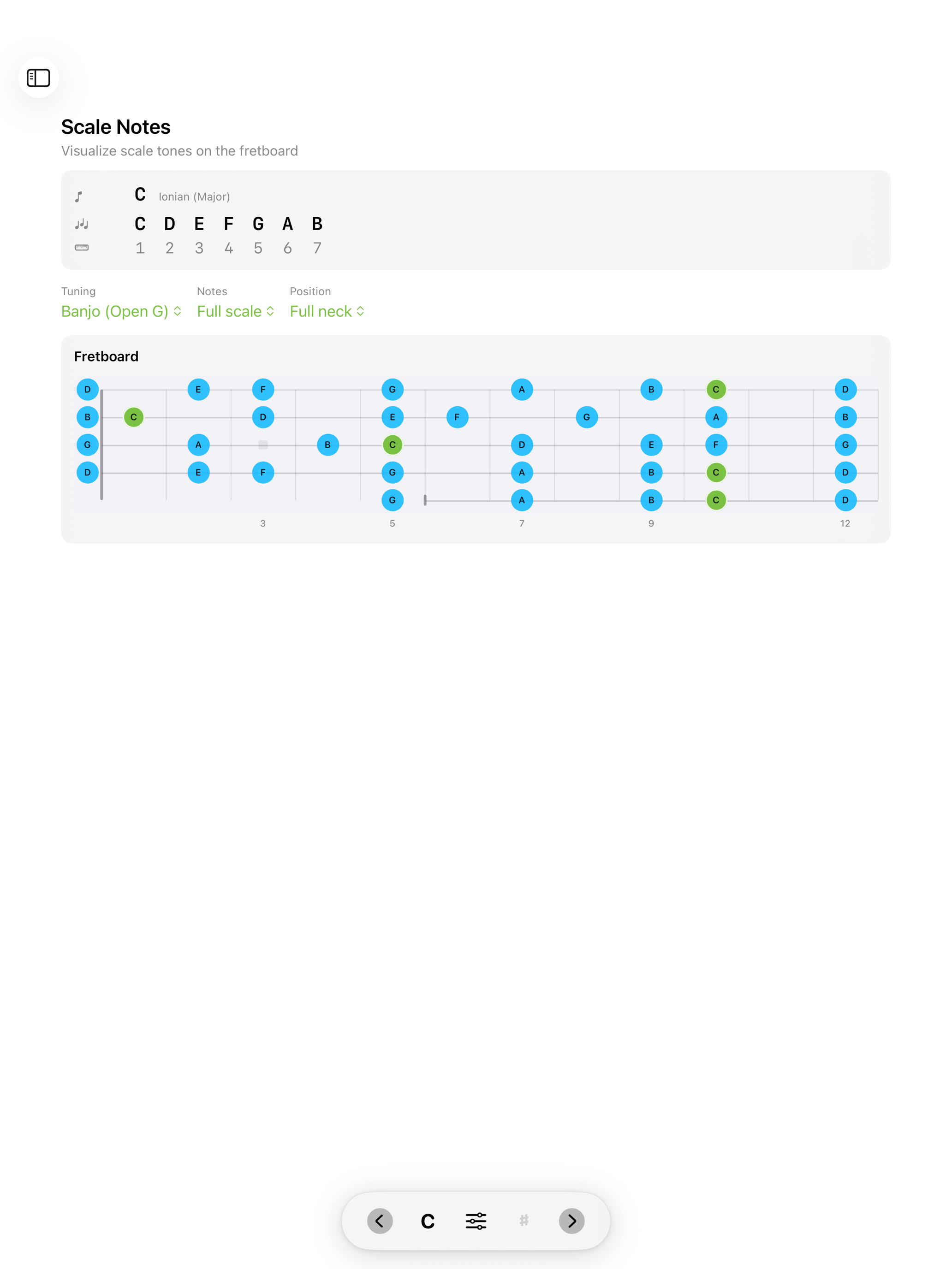 Fretboard retuned to banjo on iPad